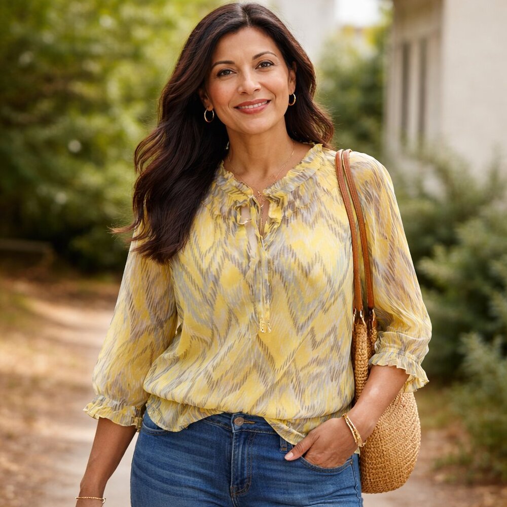 Banana Republic Yellow Gray Chiffon Blouse Small Ruffle Boho Lightweight Top